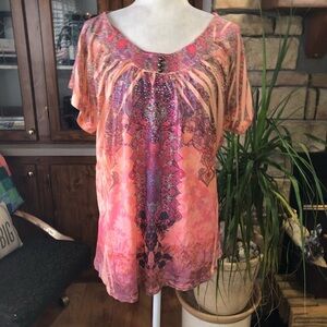 SAINT TROPEZ WEST SIZE 1X GORGEOUS MULTICOLORED BRUGHT VIBRANT TOP WITH BLING